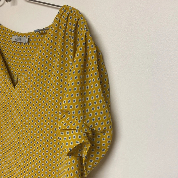 Dalia yellow with blue diamond light flowy Blouse short sleeve Large - Picture 11 of 13